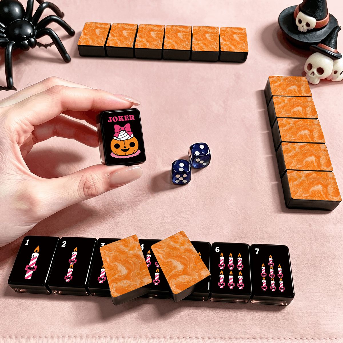 Orange Marbled Gothic Dessert Engraved Halloween Mahjong Tiles And Carry Case - Splash Of Mahj And Color Co.