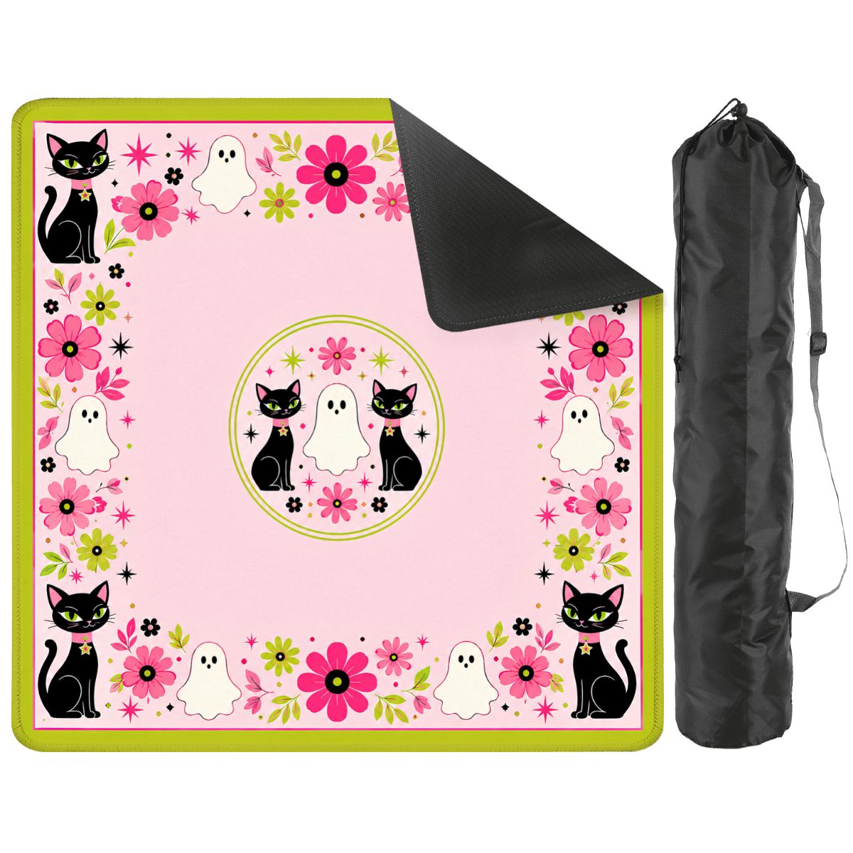 Kitty Ghost Brigade Pink And Green Halloween Mahjong Mat - Splash Of Mahj And Color Co.