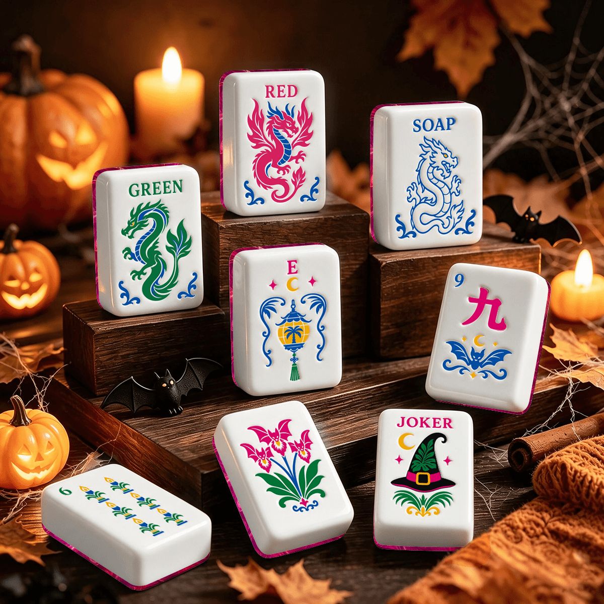 Marbled Hot Pink Dragon's Coven Halloween Mahjong Tiles With Carry Case - Splash Of Mahj And Color Co.