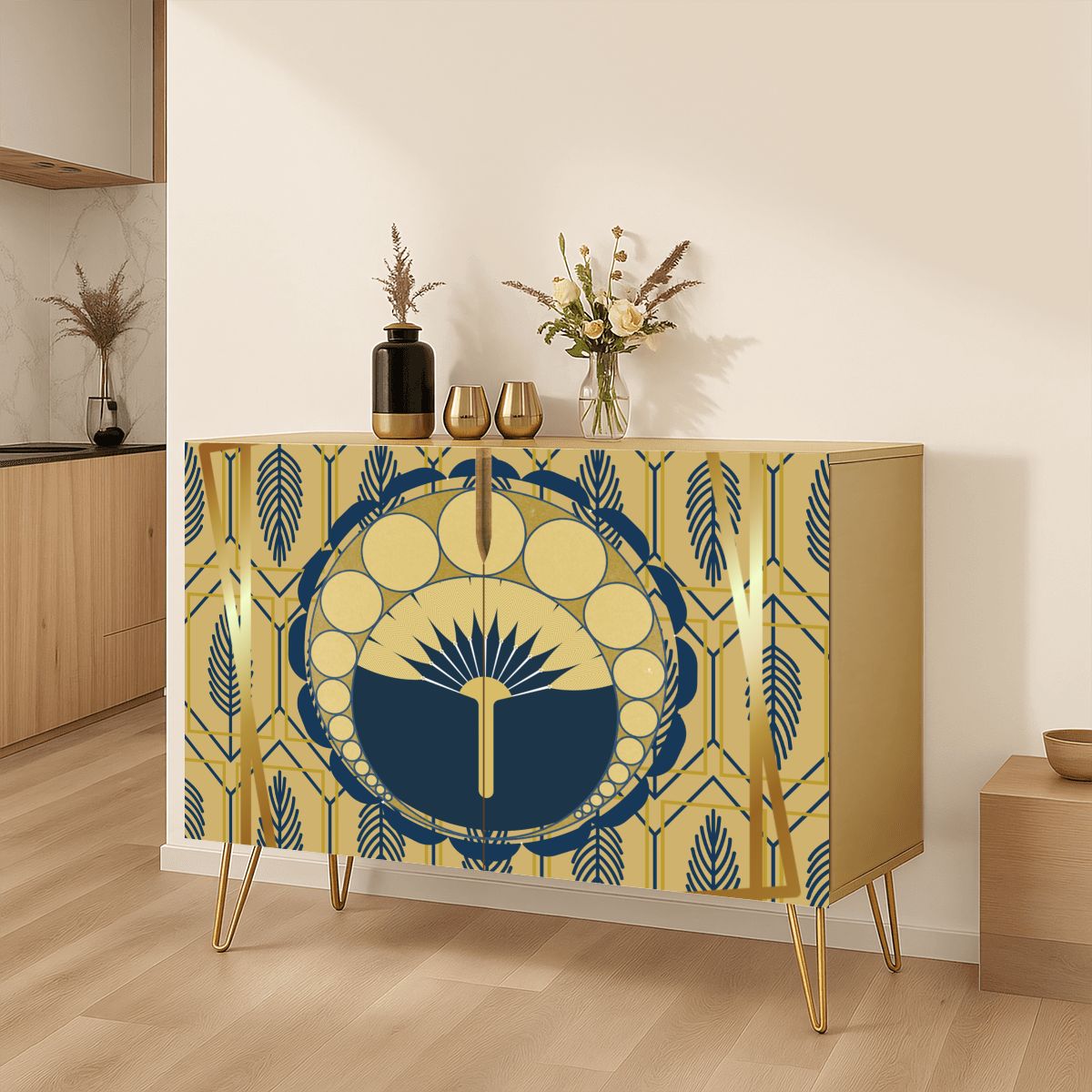 Palm Royale' Art Deco Modern Gold Royal Blue Wooden Storage Cabinet - Splash of Color Co.