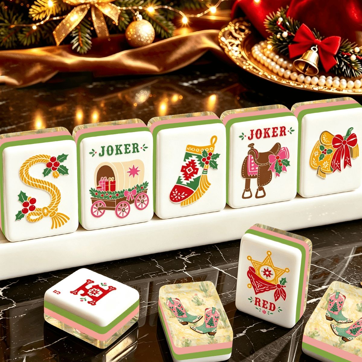 Country Girl Cowboy Boots Pastel Watercolor Yellow Western Christmas Mahjong Tiles And Carry Case - Splash Of Mahj And Color Co.