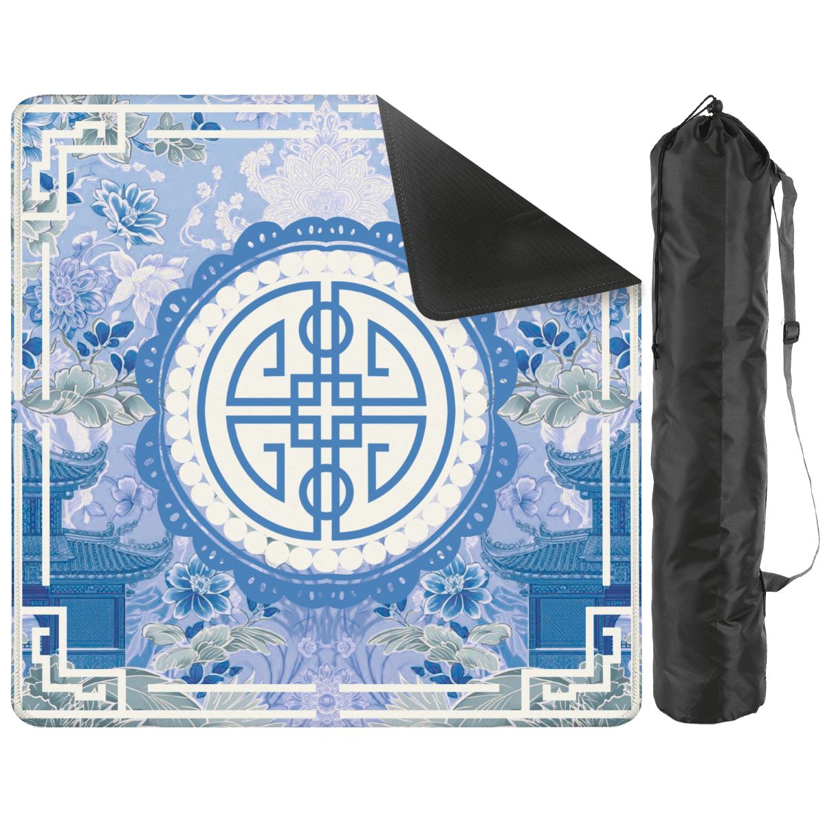 Asian Blue Chinoiserie Mahjong in the Moon Garden Mahjong Mat - Splash of Color Co.