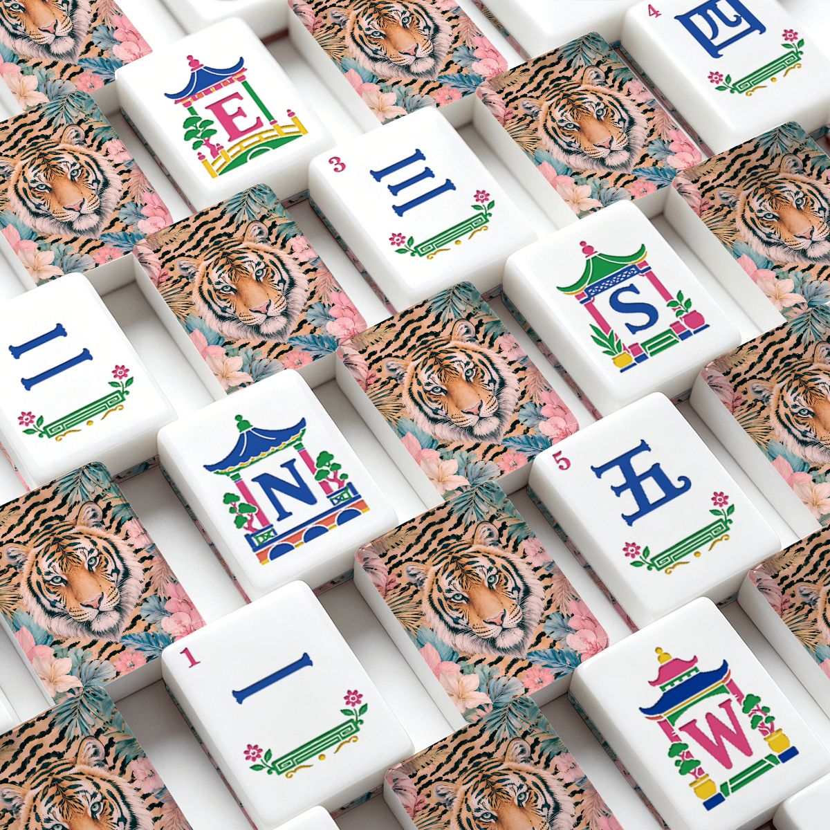Tiger es' Tropical Chinoiserie Jungle Mahjong Tiles And Carry Case - Splash Of Mahj And Color Co.
