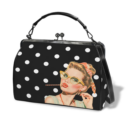 Trendy Black And White Polka Dot Nostalgic Sassy Girl Kisslock Handbag Kisslock Crossbody Shoulder Bag - Splash of Color Co.