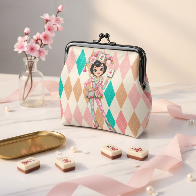 Mahjie The Mascot Harlequin Designed Whimsy Women's Leather Kiss Lock Coin Purse - Splash Of Mahj And Color Co.