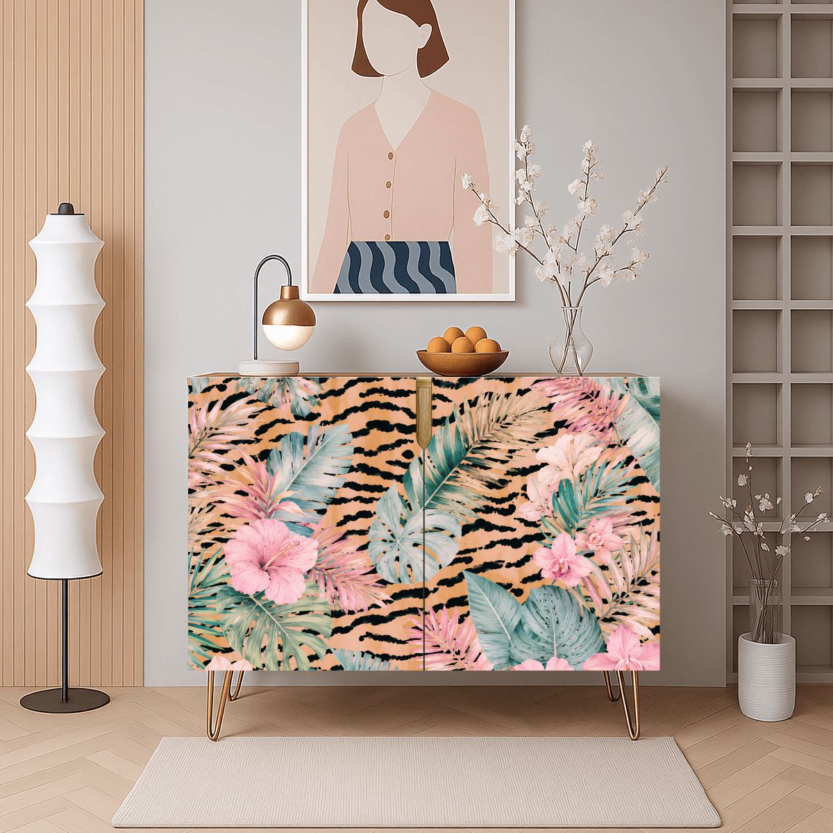 Tiger Jungle Print Mahjong Storage Cabinet Wooden - Splash Of Mahj And Color Co.