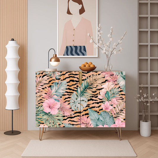 Tiger Jungle Print Mahjong Storage Cabinet Wooden - Splash Of Mahj And Color Co.