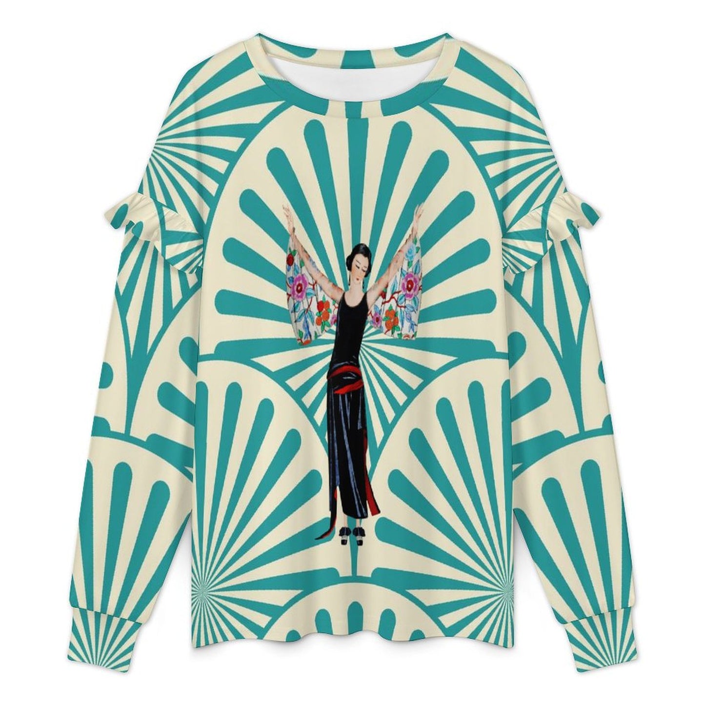 Art Deco Designed Asian Motif Design Women’s Lightweight Ruffle Shoulder Sweatshirt - Splash of Color Co.