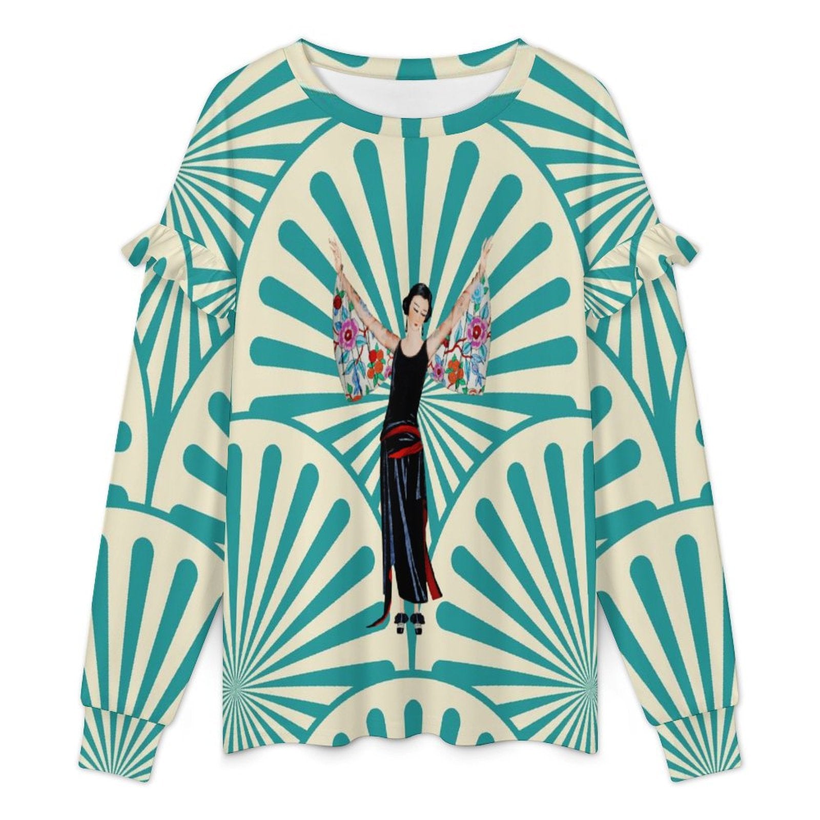 Art Deco Designed Asian Motif Design Women’s Lightweight Ruffle Shoulder Sweatshirt - Splash of Color Co.