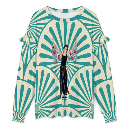 Art Deco Designed Asian Motif Design Women’s Lightweight Ruffle Shoulder Sweatshirt - Splash of Color Co.