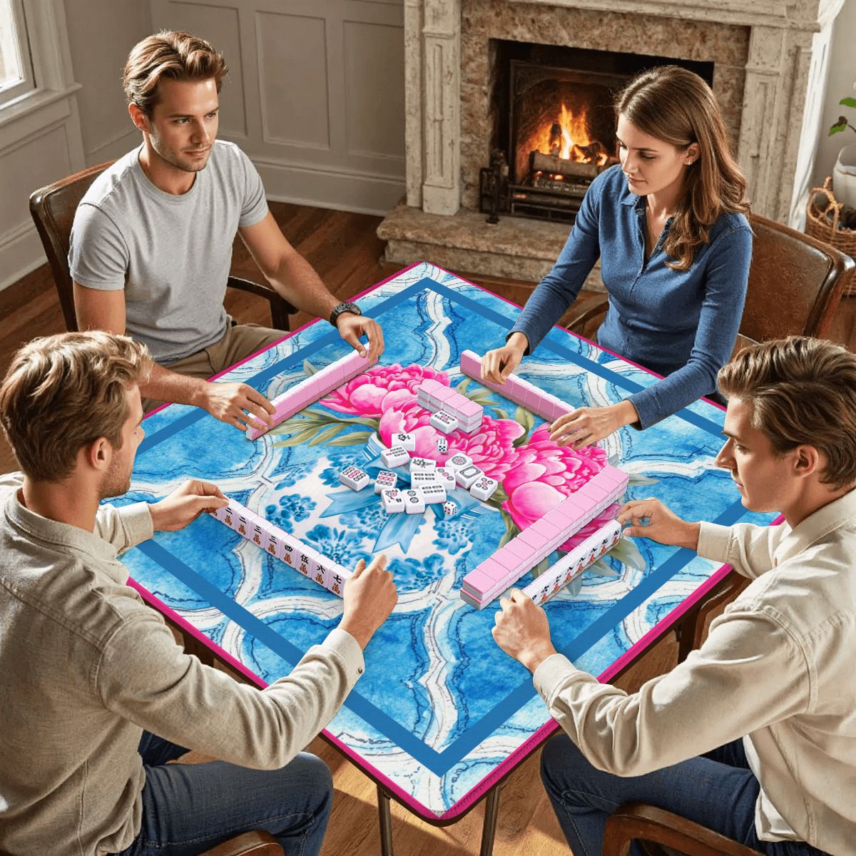 Mahjong Chinoiserie Mat, Pink Blue, The Peony - Powered Prosperity Pad - Splash of Color Co.