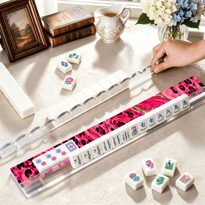 Leopard Luxe Hot Pink Extended Mahjong Rack Set of 4 Scalloped Magnetic Tile Pusher 20' - Splash Of Mahj And Color Co.