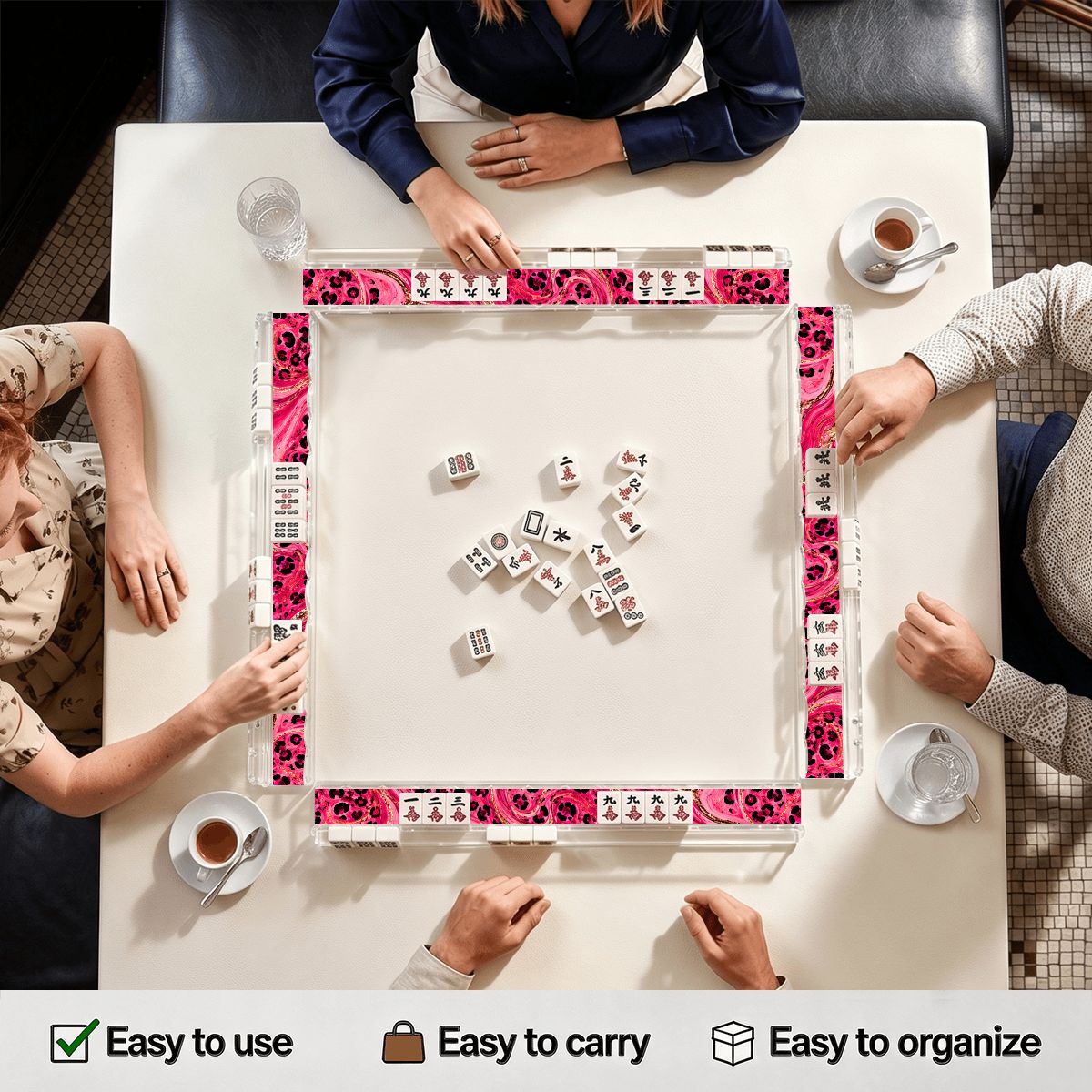 Leopard Luxe Hot Pink Extended Mahjong Rack Set of 4 Scalloped Magnetic Tile Pusher 20' - Splash Of Mahj And Color Co.