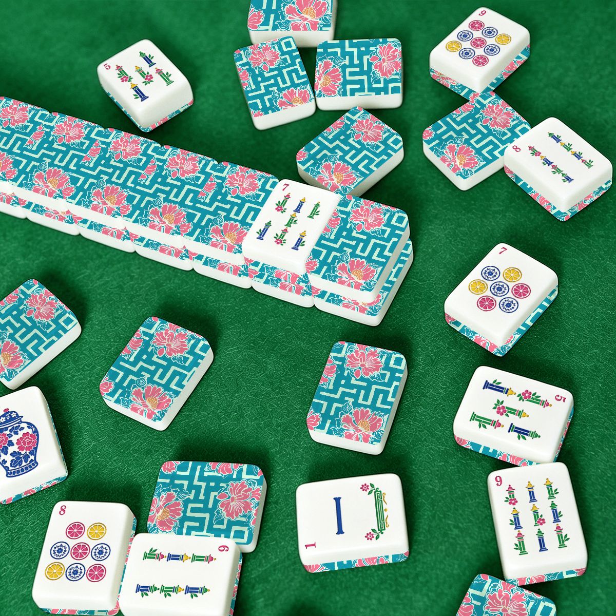 Greek Key Tropical Hibiscus American Mahjong Chinoiserie Pastel Tiles