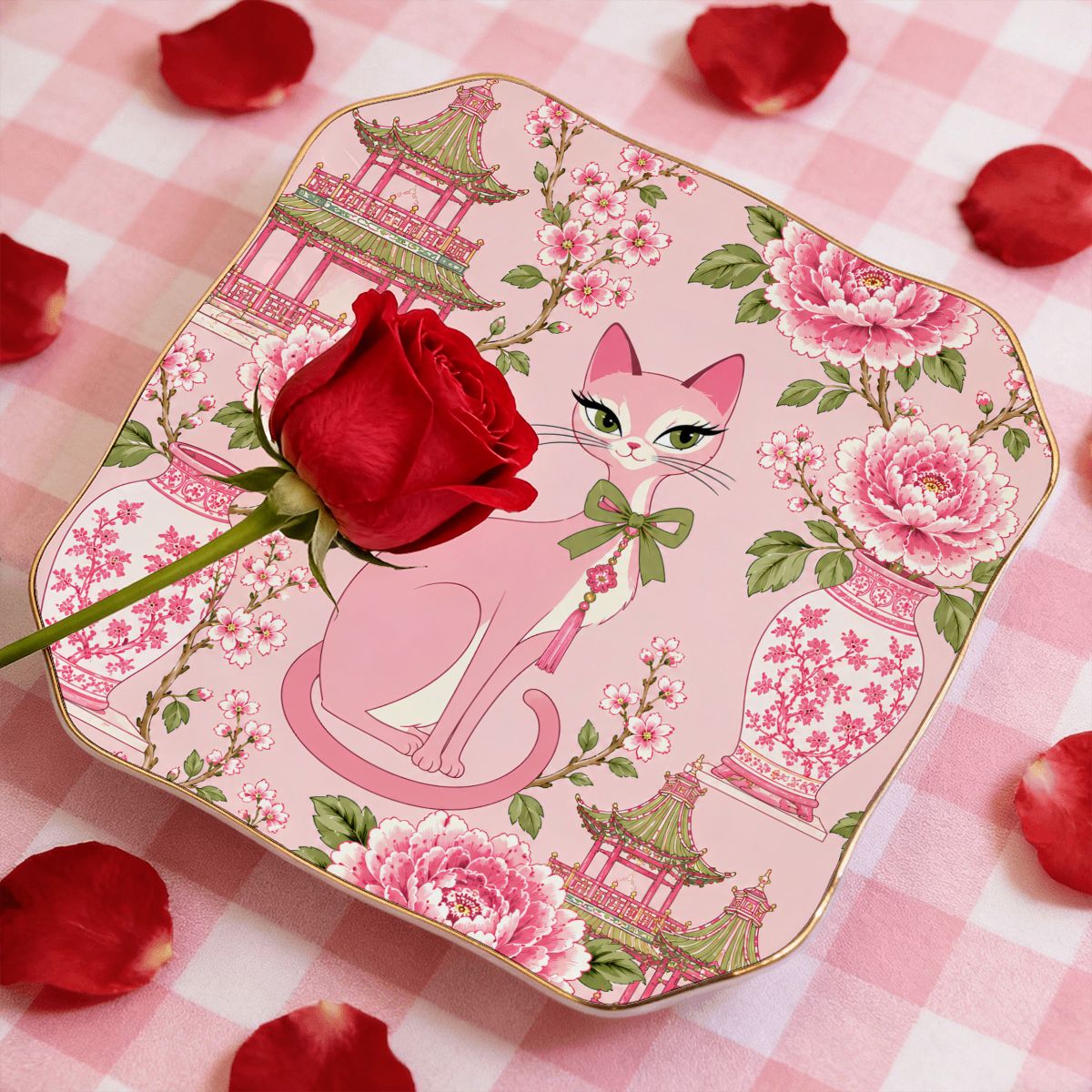 Pink Peony Pagoda Purr Scalloped Ceramic Mahjong Dice Tray