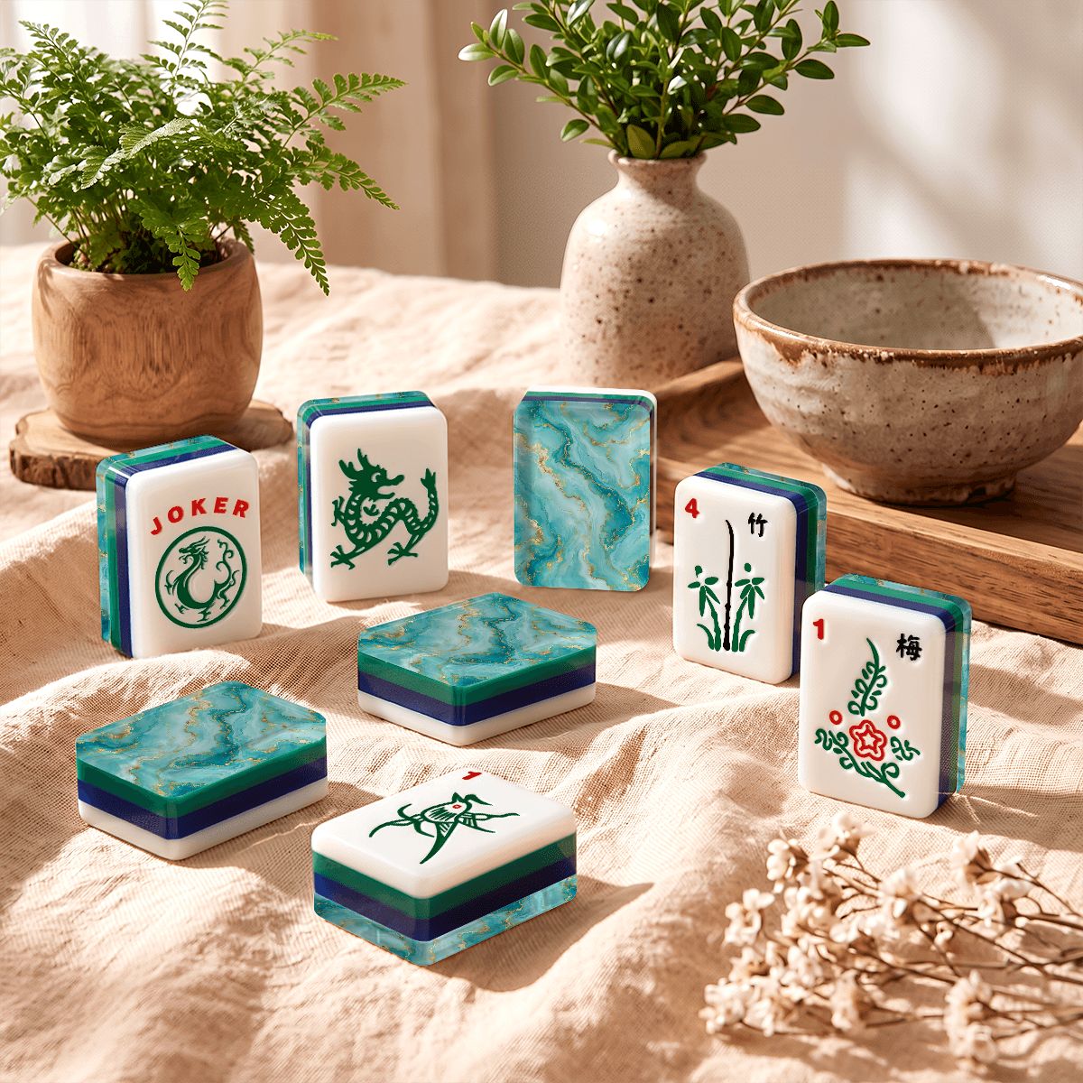 Aquamarine 4Layer American Mahjong Tiles  Blue  Green With Carry Case