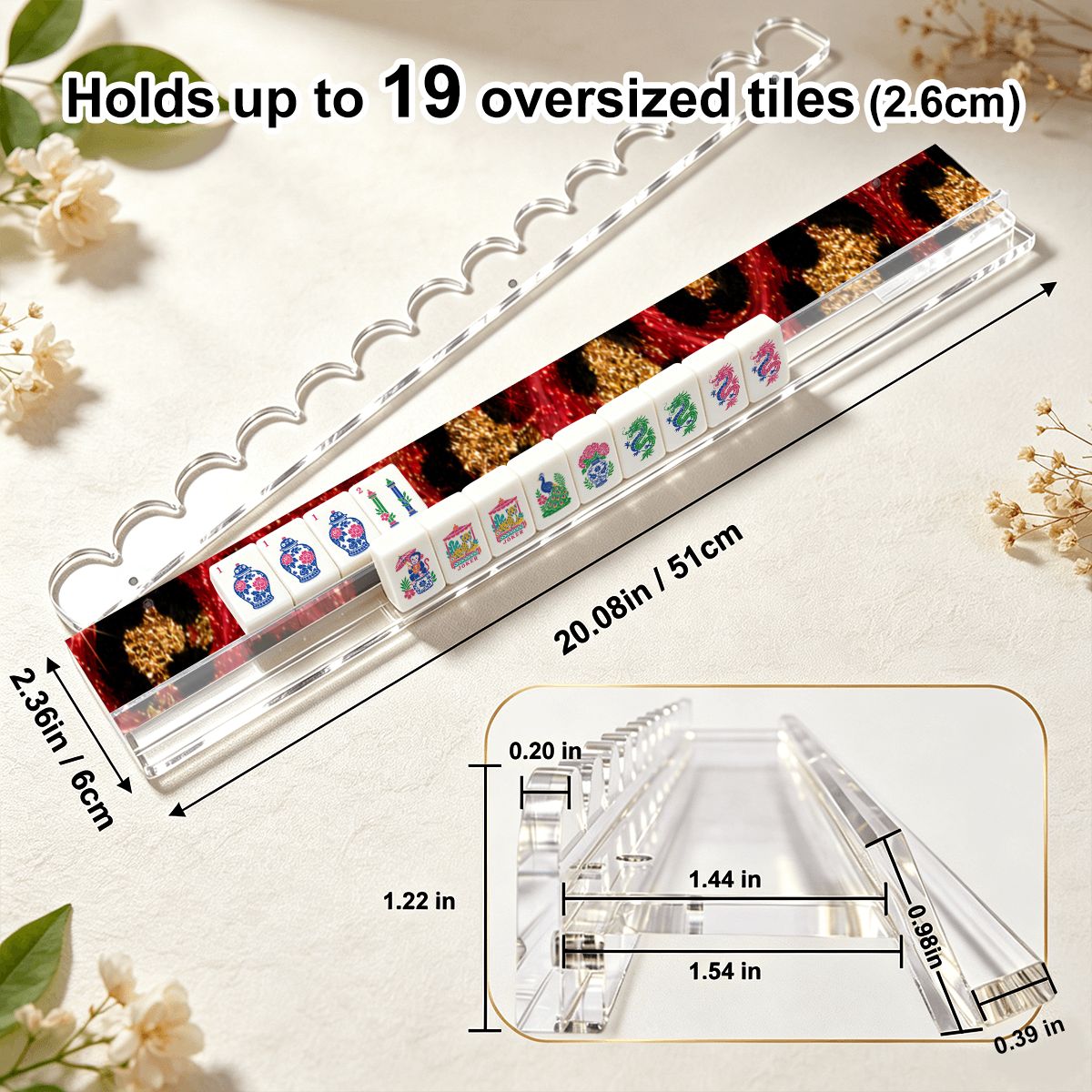 Leopard Luxe Red And Gold Glitter Extended Mahjong Rack Set of 4  Scalloped Magnetic Tile Pusher 20'