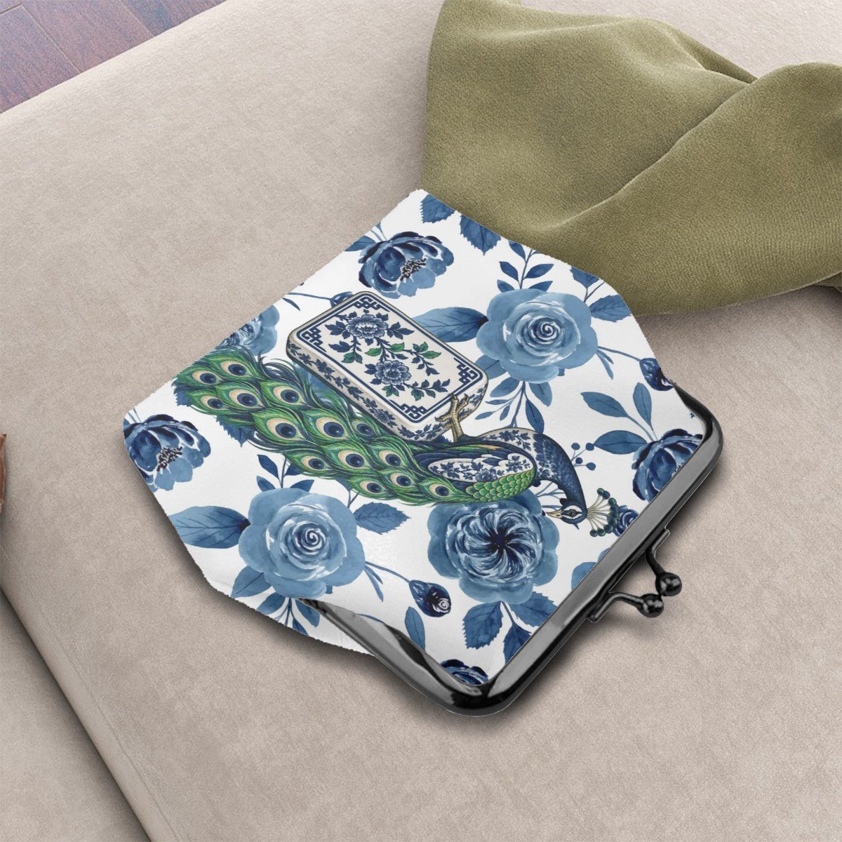 Proud As A Peacock Blue Chinoiserie Mahjong Women's Leather Kiss Lock Coin Purse - Splash Of Mahj And Color Co.
