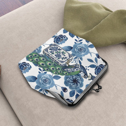Proud As A Peacock Blue Chinoiserie Mahjong Women's Leather Kiss Lock Coin Purse - Splash Of Mahj And Color Co.