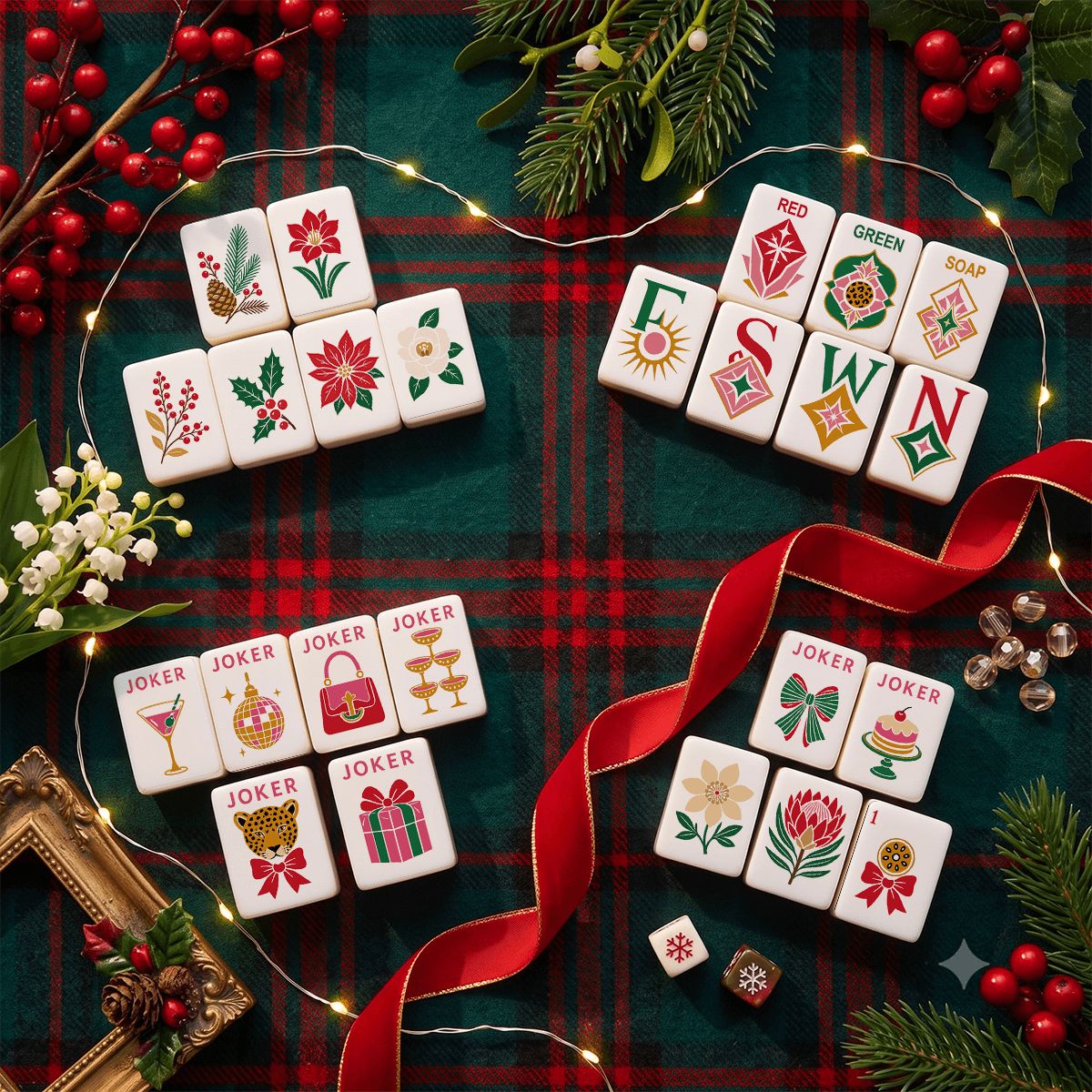 Vintage Shiny Brite Harlequin Christmas Pink And Green Glam Holiday Christmas Engraved Mahjong Tiles And Carry Case