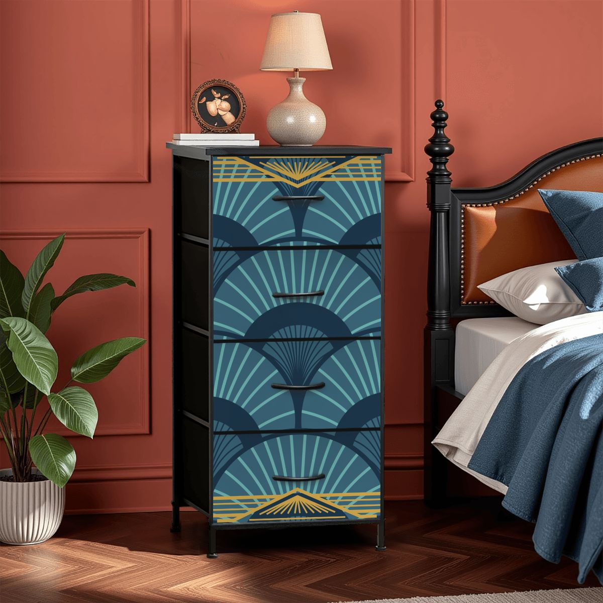 Art Deco Gilded Gold, Royal Blue 4-Drawer Dresser Art Deco Gilded Gold, Royal Blue 4-Drawer Dresser