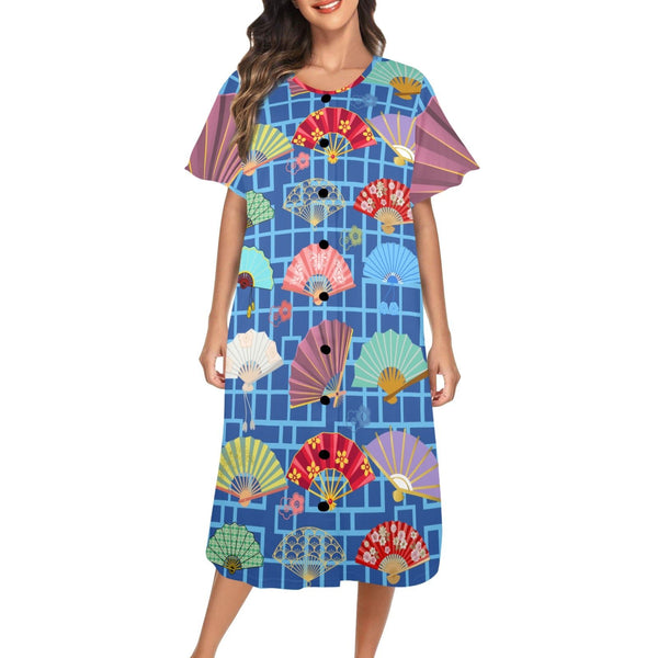 Mahjong Muumuu Dress, Asian Fans Blue Geometric Whimsical Pattern - Splash of Color Co.