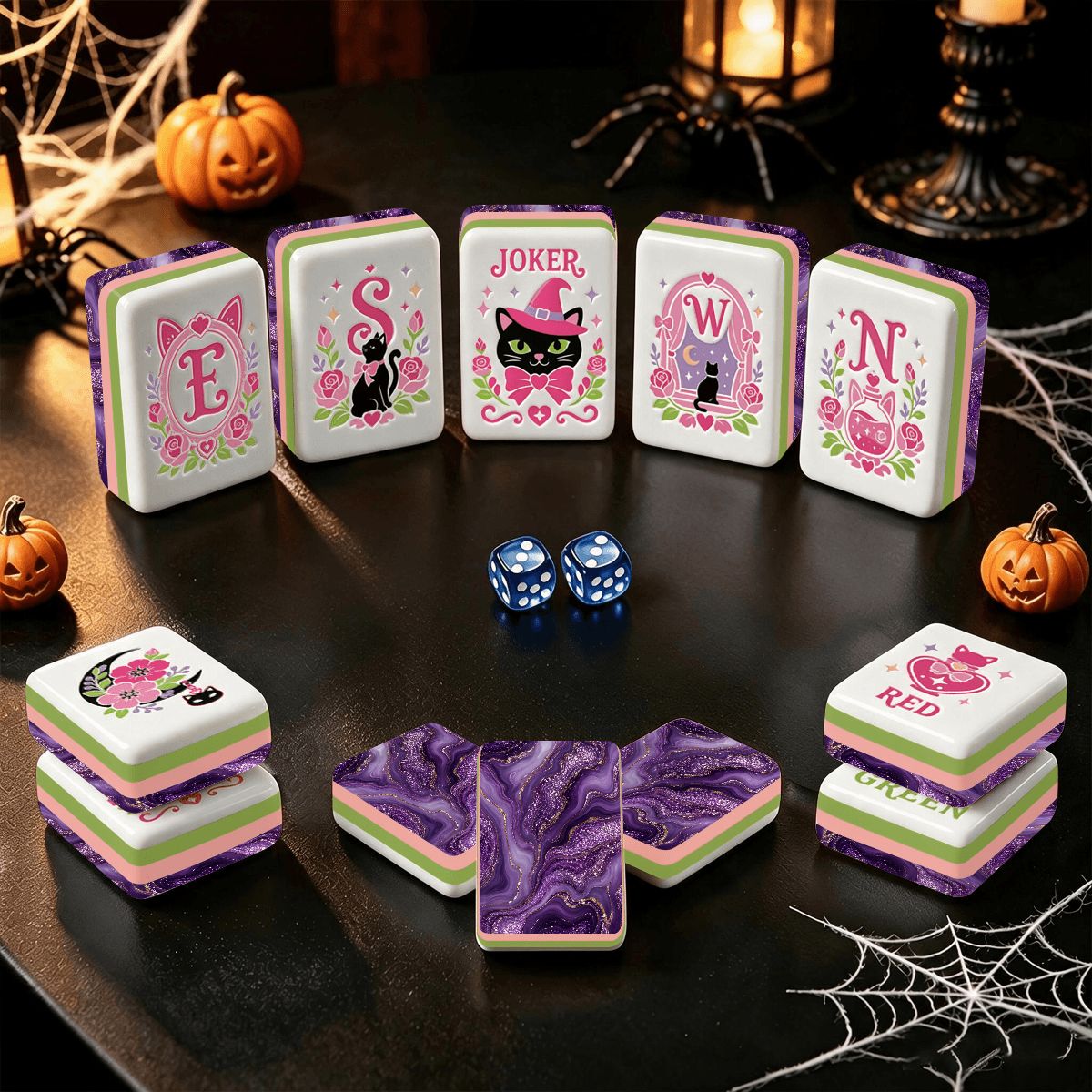 Halloween Mahjong Engraved Layered Tiles, Purple Potion Ghoulish Nights