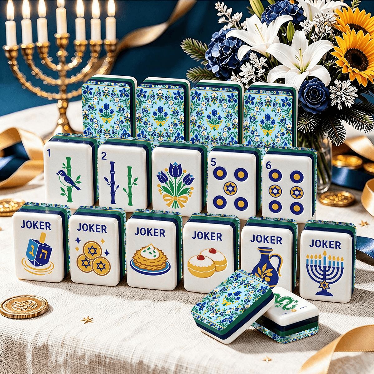 Shalom Garden Hanukkah Mahjong Tiles And Carry Case - Splash Of Mahj And Color Co.