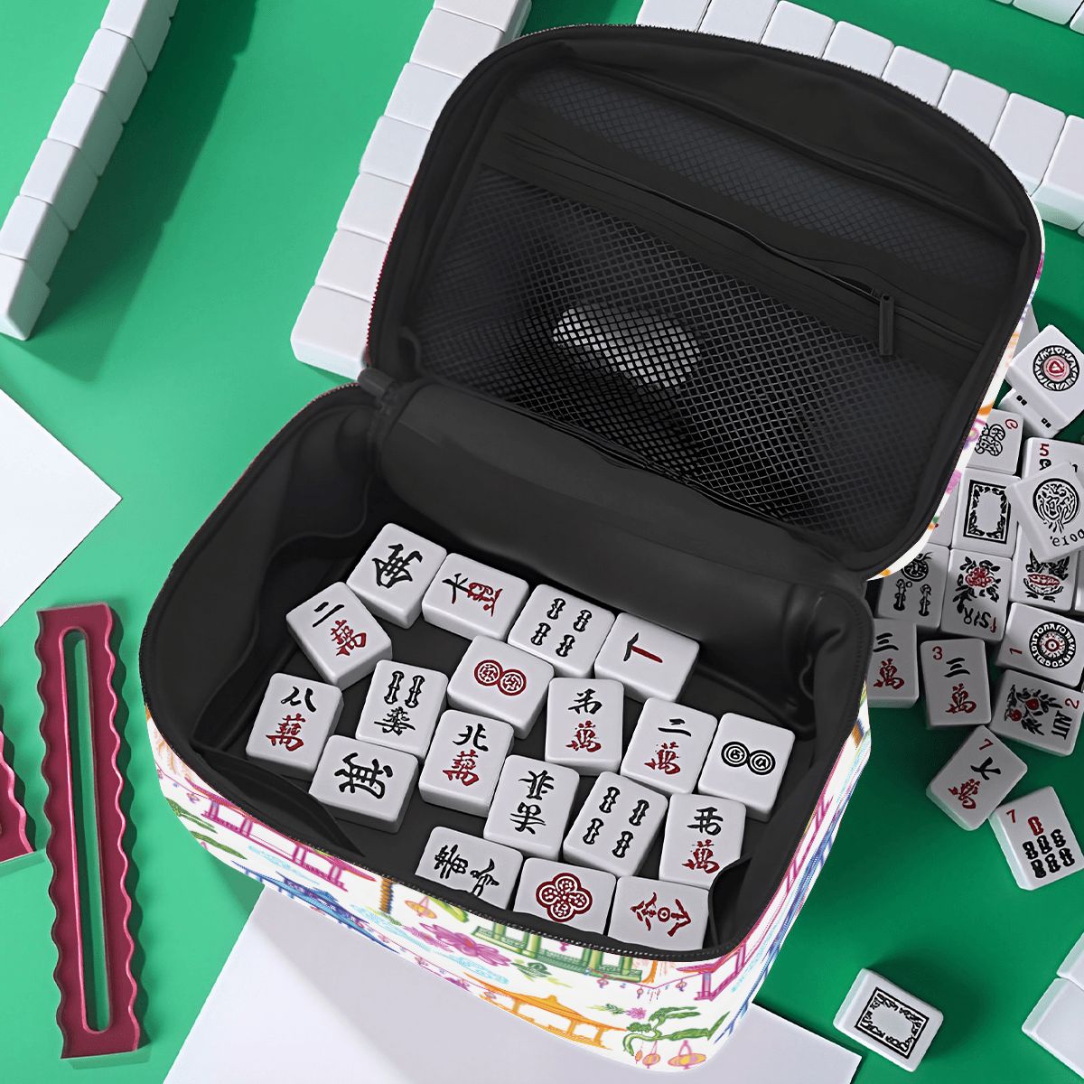 Portable Mahjong Bag Tile Bag, Watercolor Chinoiserie Asian Pagodas - Splash of Color Co.