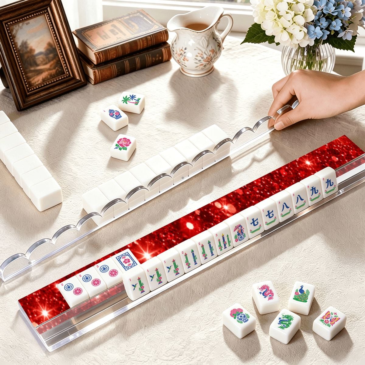 Putting On The Glitz Red Extended Mahjong Rack Set of 4 Scalloped Magnetic Tile Pusher - Splash Of Mahj And Color Co.