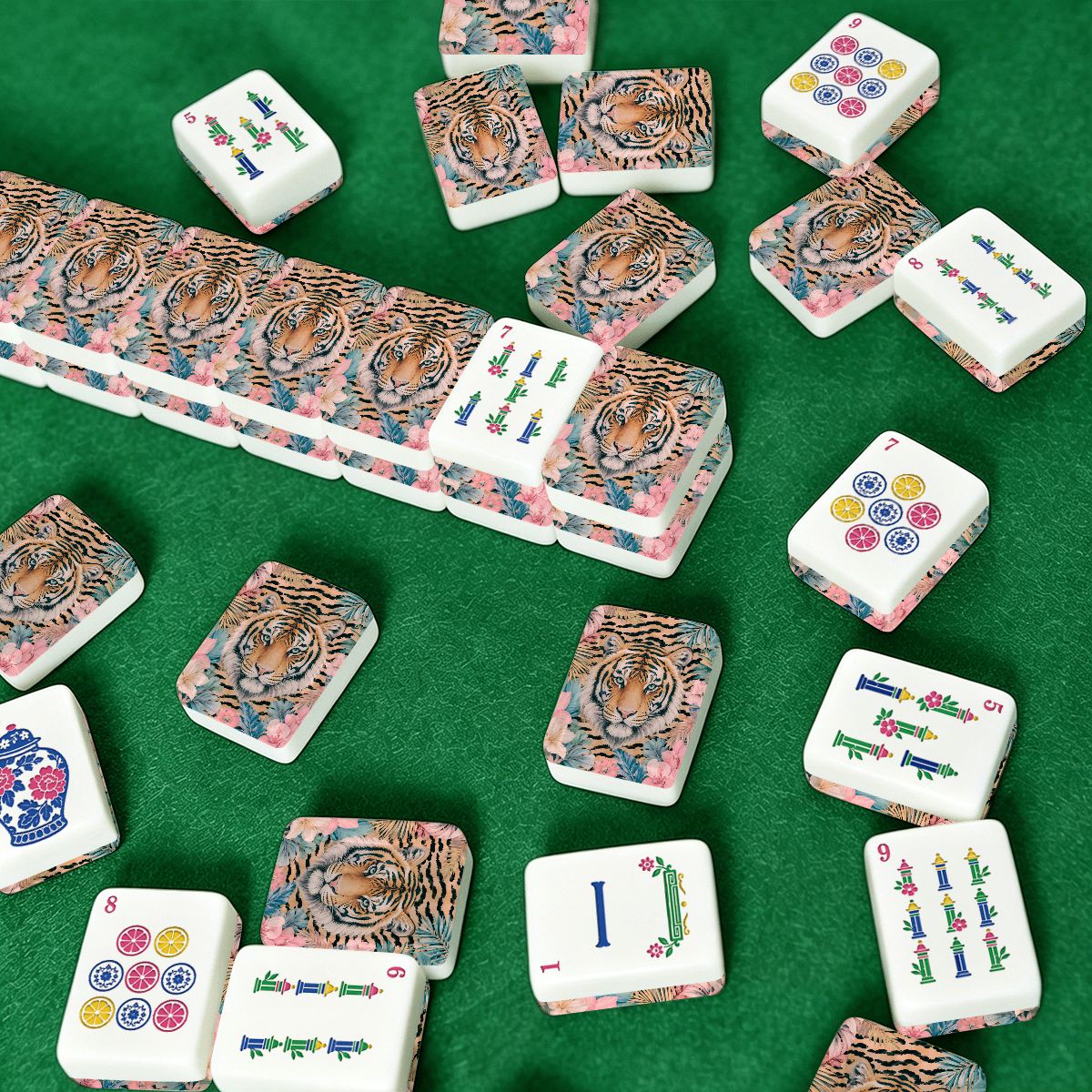 Tiger es' Tropical Chinoiserie Jungle Mahjong Tiles And Carry Case - Splash Of Mahj And Color Co.