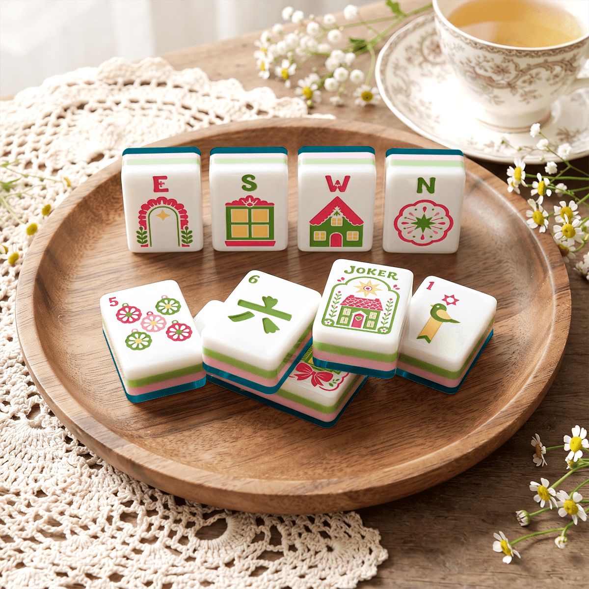 Scandinavian Folk Art Teal Holiday Tree Christmas Mahjong Tiles And Carry Case