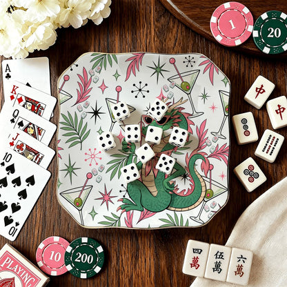 The Tipsy Dragon Scalloped Ceramic Mahjong Dice Tray - Splash Of Mahj And Color Co.