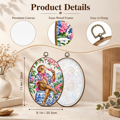 Monkey Garden Party Mahjong Chinoiserie Vintage Oval Wall Art Framed Canvas Print - Splash Of Mahj And Color Co.