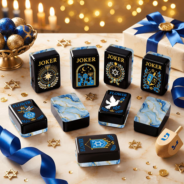 Baby Blue Gilded Gold Starry Night Hanukkah Mahjong Tiles And Carry Case