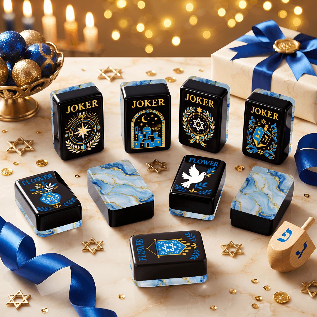 Baby Blue Gilded Gold Starry Night Hanukkah Mahjong Tiles And Carry Case