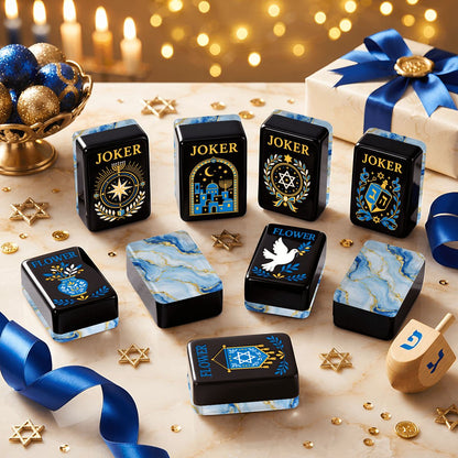 Baby Blue Gilded Gold Starry Night Hanukkah Mahjong Tiles And Carry Case