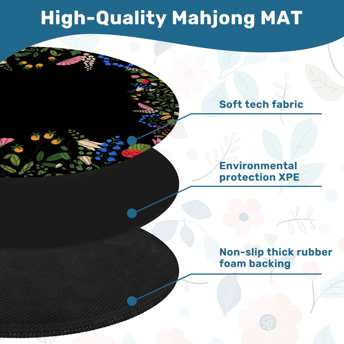 Boho Wildflower Black Round Mahjong Mat