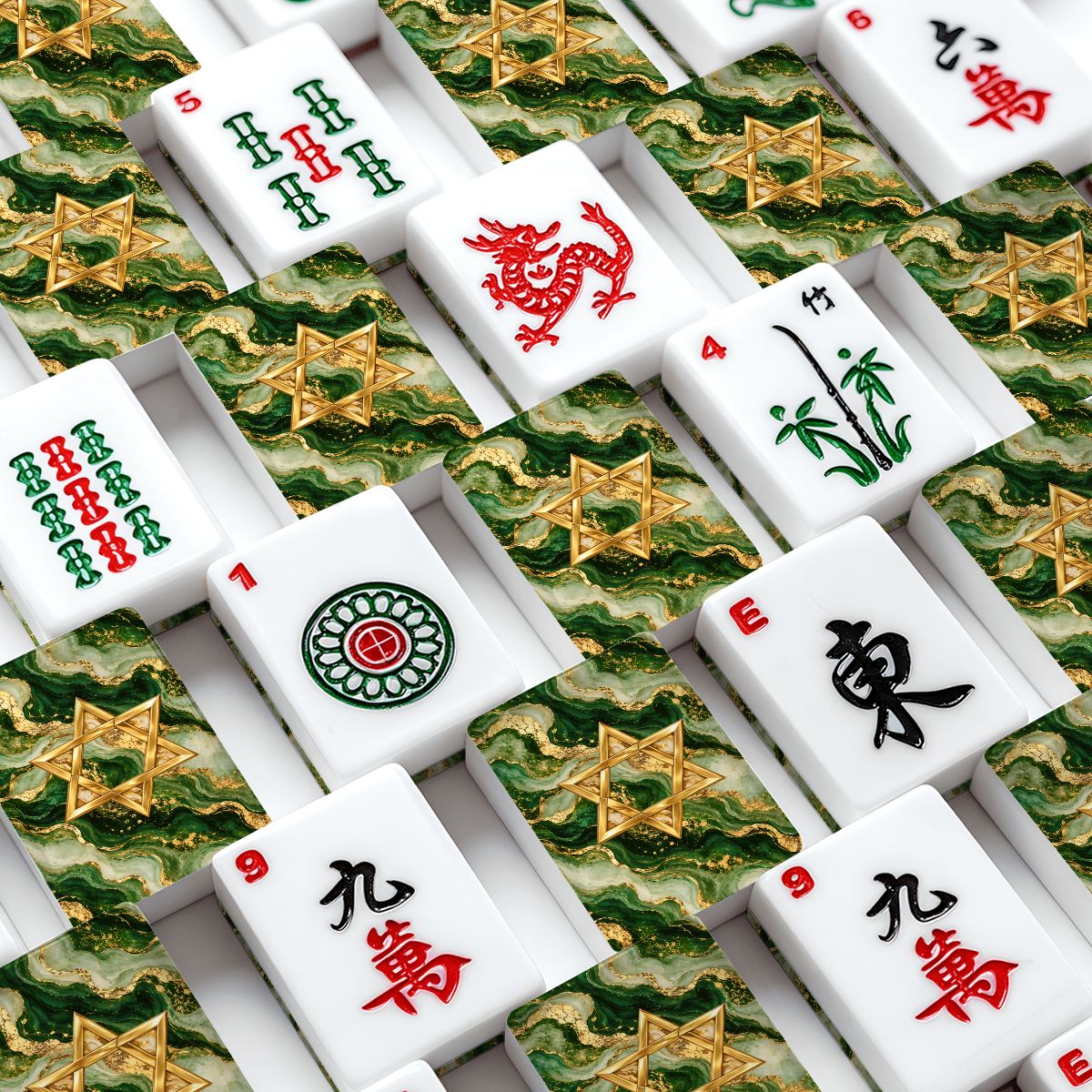 Star Of David Marbled Green Gold American Mahjong Tiles And Carry Case