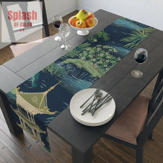 Elegant Asian Chinoiserie Floral Green And Blue Table Runner - 16’’ × 72’’ / Polyester - Home Decor