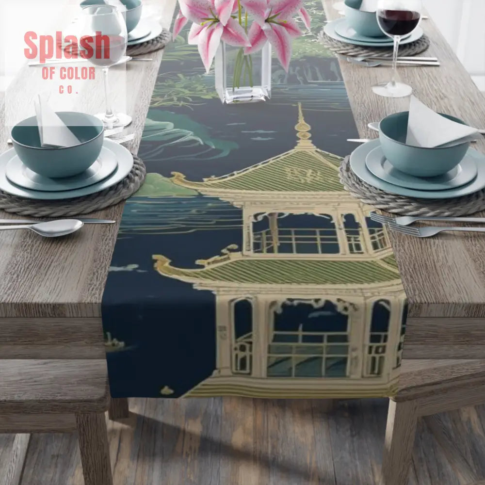Elegant Asian Chinoiserie Floral Green And Blue Table Runner - Home Decor