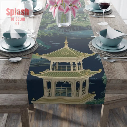 Elegant Asian Chinoiserie Floral Green And Blue Table Runner - Home Decor