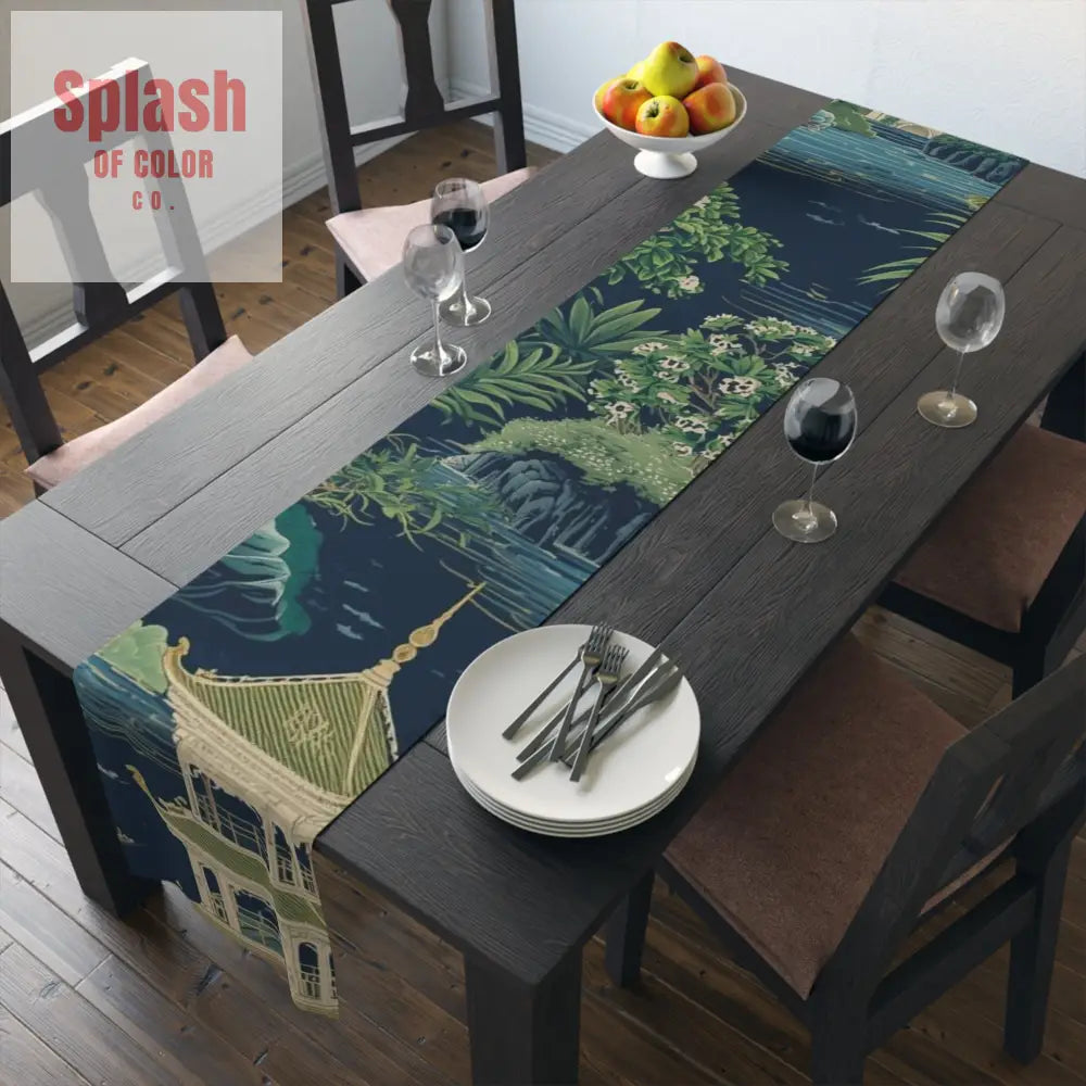 Elegant Asian Chinoiserie Floral Green And Blue Table Runner - Home Decor