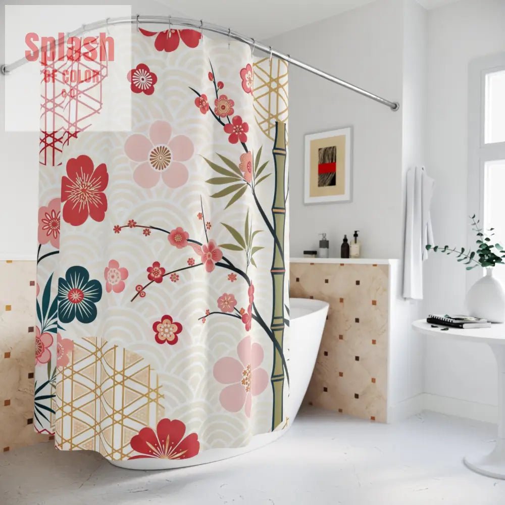 Elegant Asian Zen Cherry Blossom Garden Floral Shower Curtain 71’’ × 74’’ Home Decor