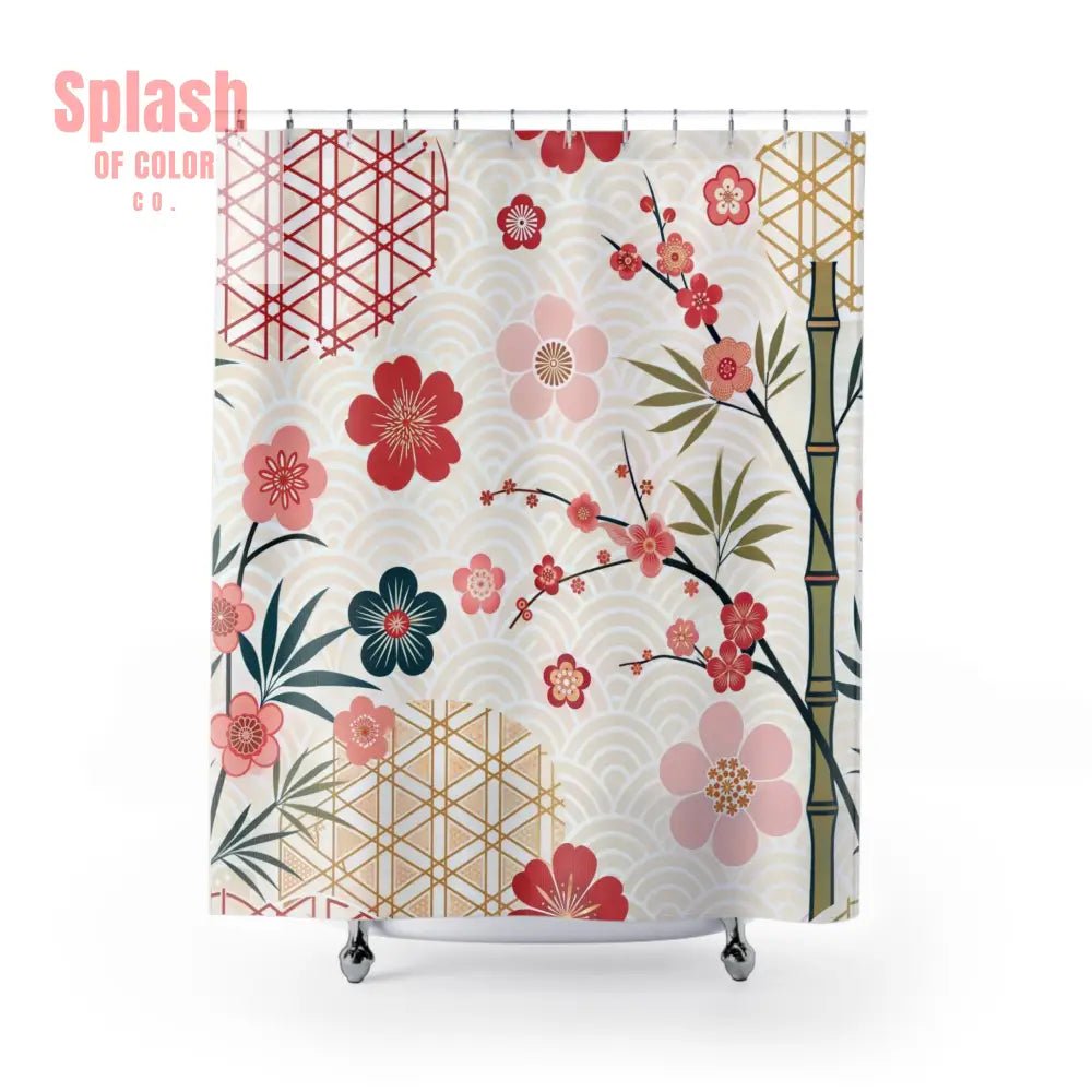 Elegant Asian Zen Cherry Blossom Garden Floral Shower Curtain 71’’ × 74’’ Home Decor