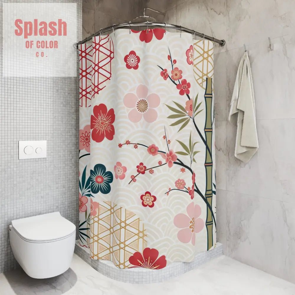 Elegant Asian Zen Cherry Blossom Garden Floral Shower Curtain 71’’ × 74’’ Home Decor
