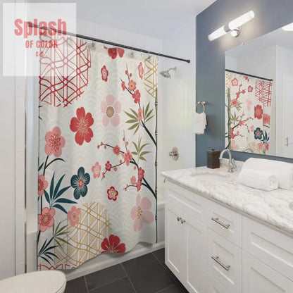 Elegant Asian Zen Cherry Blossom Garden Floral Shower Curtain 71’’ × 74’’ Home Decor