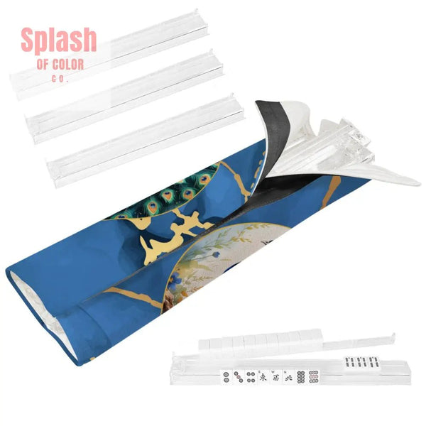 Elegant Floral Peacock Marbled Blue 4 Mahjong Tile Pusher Racks with Bag - Splash of Color co.