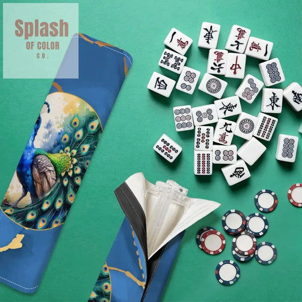 Elegant Floral Peacock Marbled Blue 4 Mahjong Tile Pusher Racks with Bag - Splash of Color co.