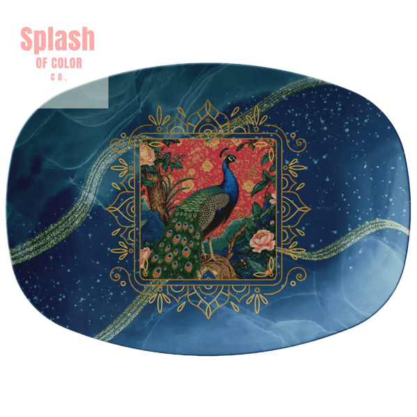 Elegant Peacock Asian Chinoiserie Watercolor Blue Hosting Party Platter - Splash of Color co.